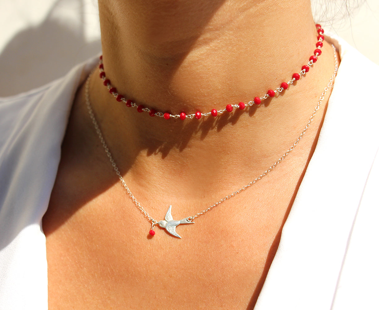 Collier Swallow - Oiseau hirondelle - Perle rouge - Argent 925