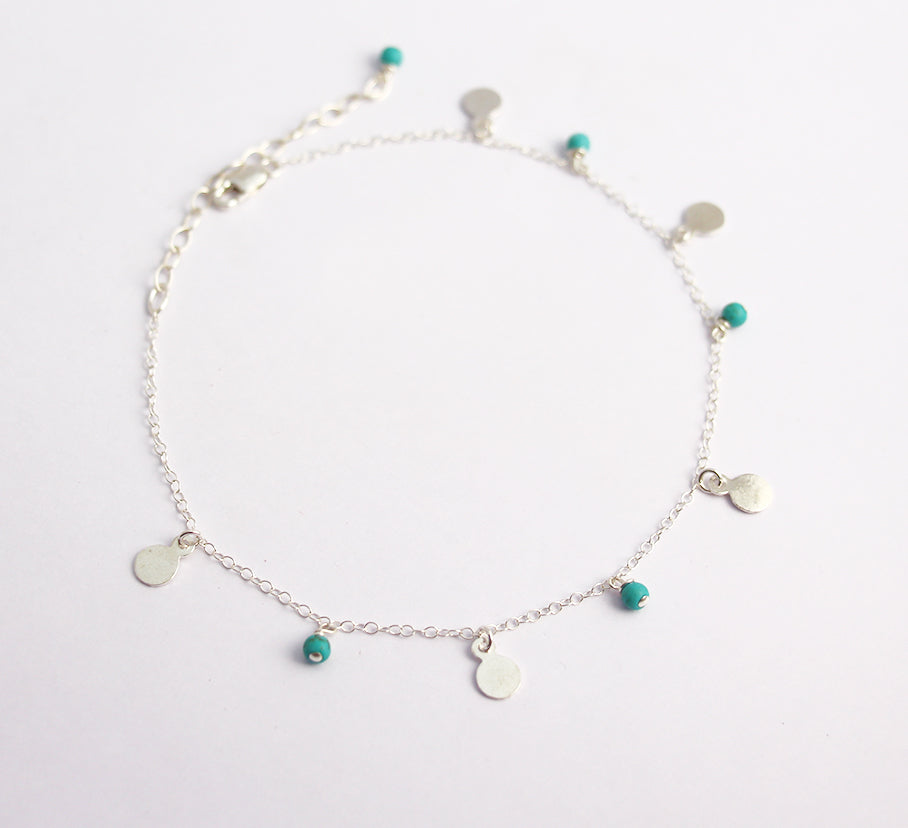 Bracelet de cheville Aïsha - Médailles pendantes - Perles pierre Turquoise - Argent 925