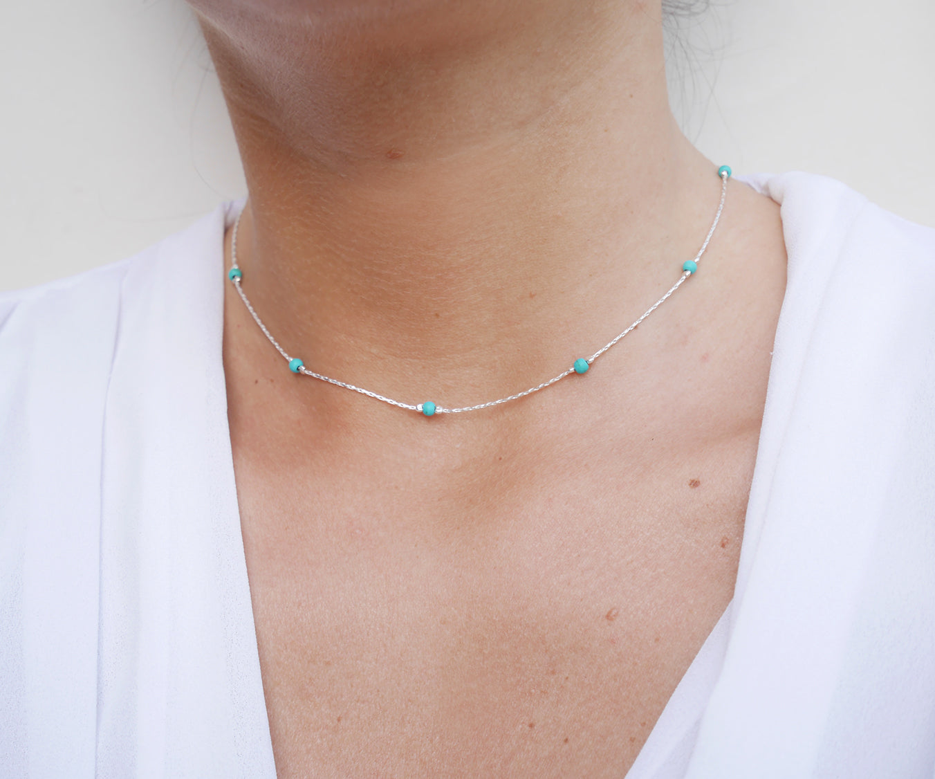 Collier Ras du cou Bloom - Choker - Perles Pierre Turquoise - Chaîne serpent - Argent 925