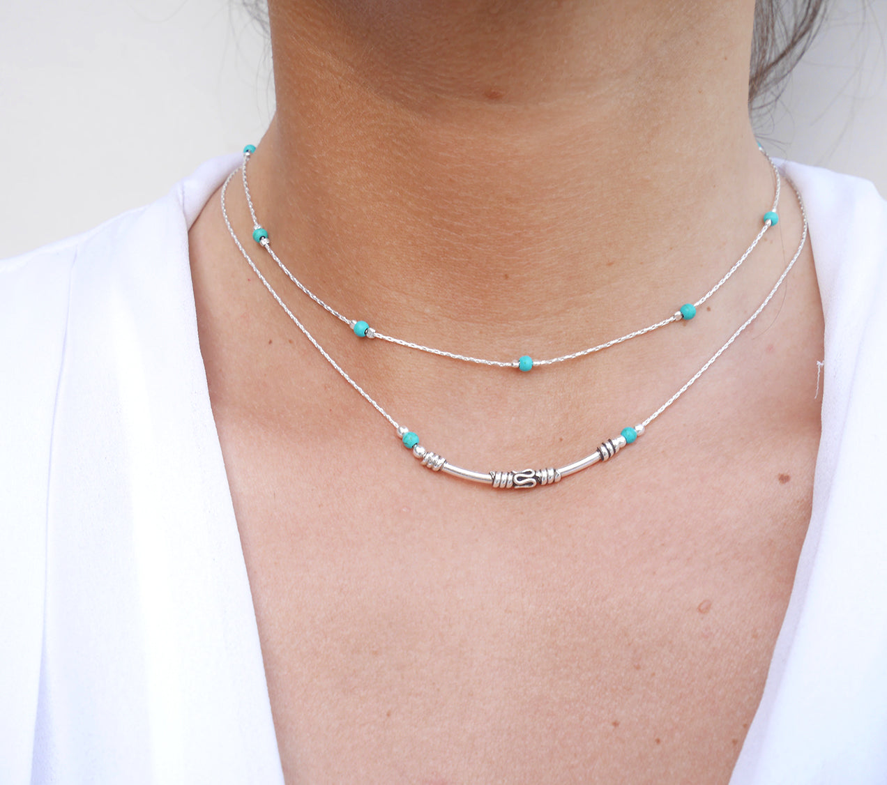 Collier Ras du cou Bloom - Choker - Perles Pierre Turquoise - Chaîne serpent - Argent 925