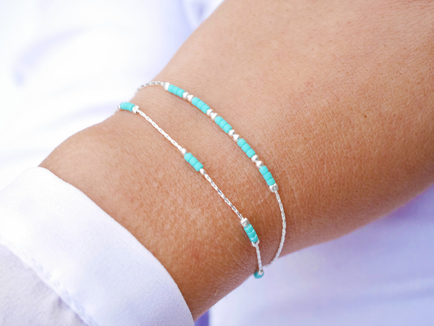 Lot de 2 Bracelets minimaliste - Chaine serpent - Perles miyuki bleu turquoise - Argent 925