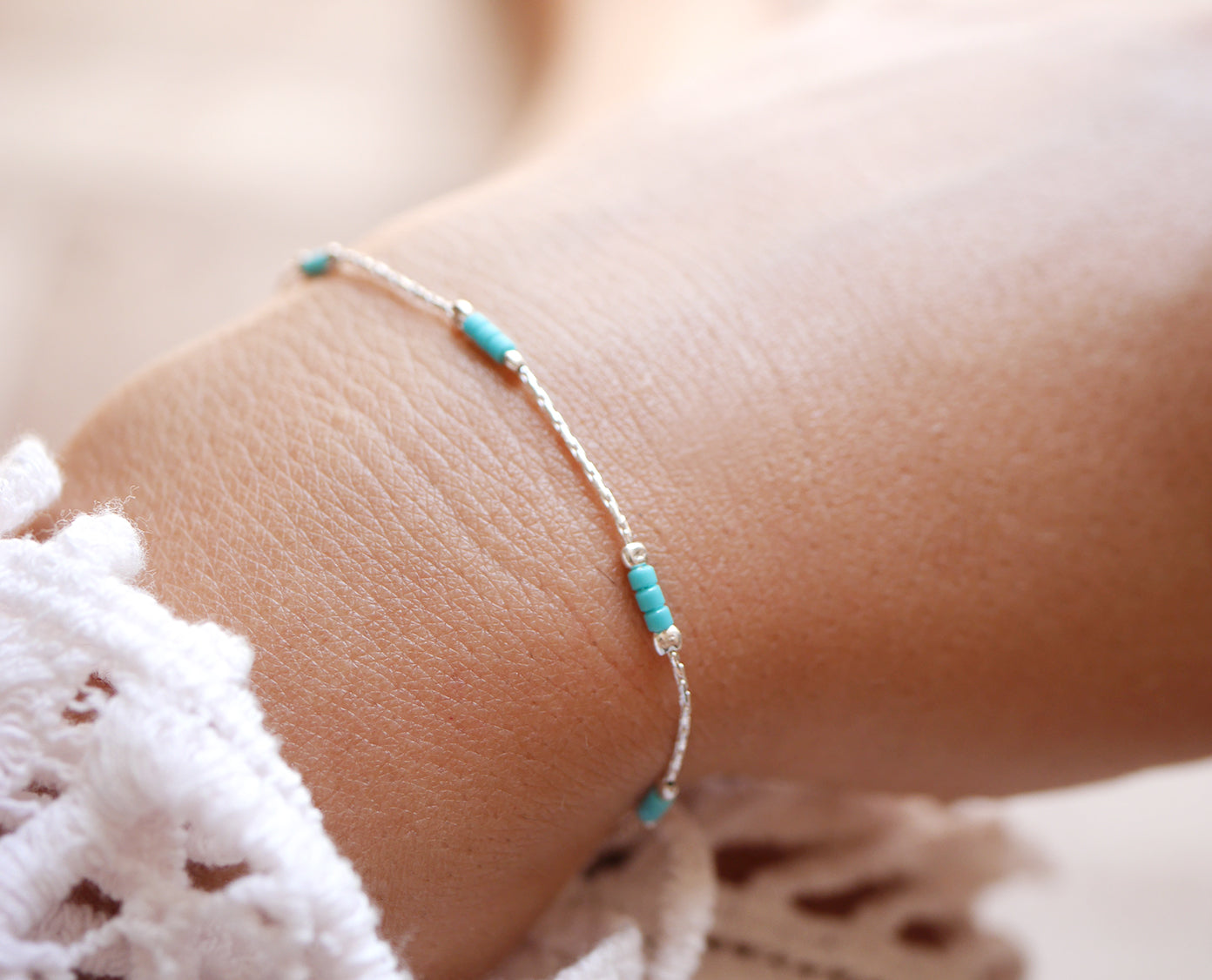 Lot de 2 Bracelets minimaliste - Chaine serpent - Perles miyuki bleu turquoise - Argent 925