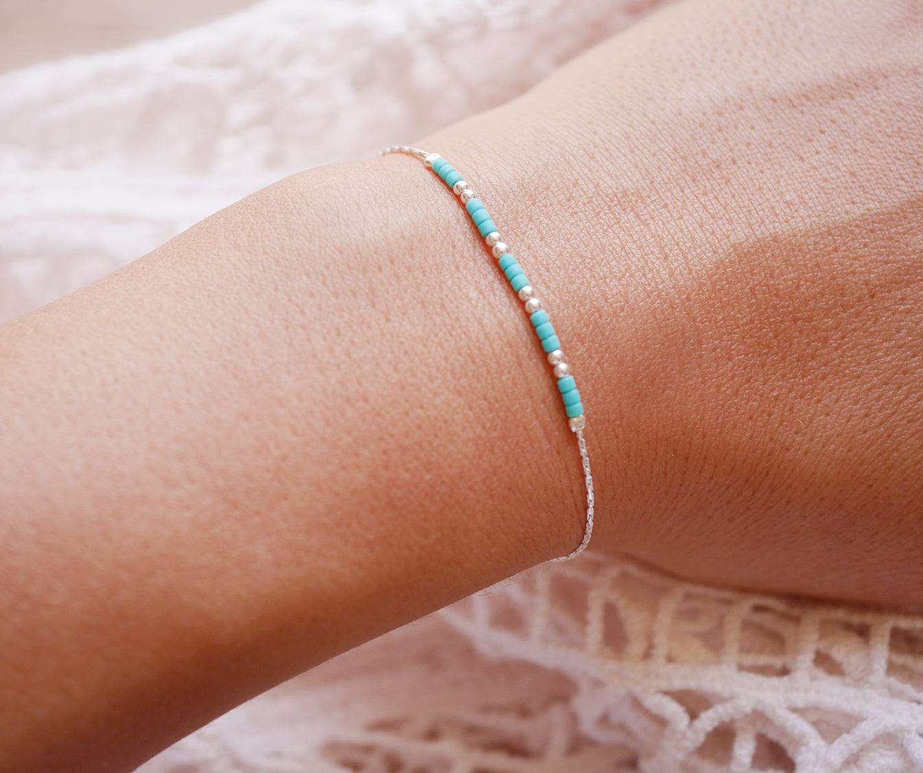 Lot de 2 Bracelets minimaliste - Chaine serpent - Perles miyuki bleu turquoise - Argent 925