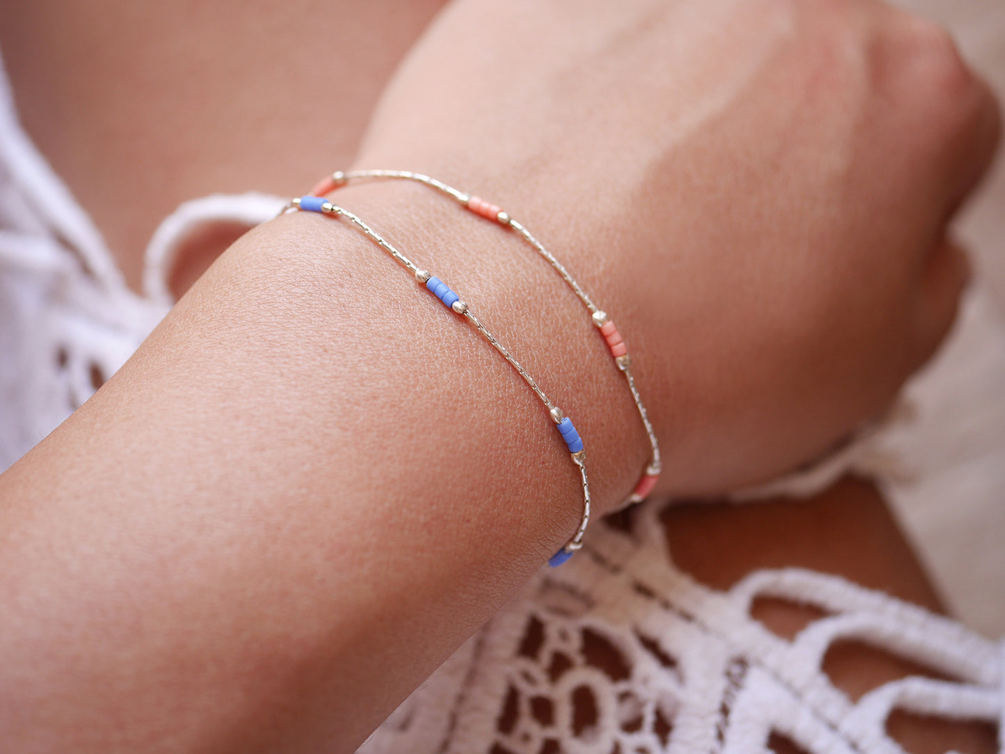 Lot de 2 Bracelets minimaliste - chaine serpent - Perles miyuki bleu et rose pastel - Argent 925