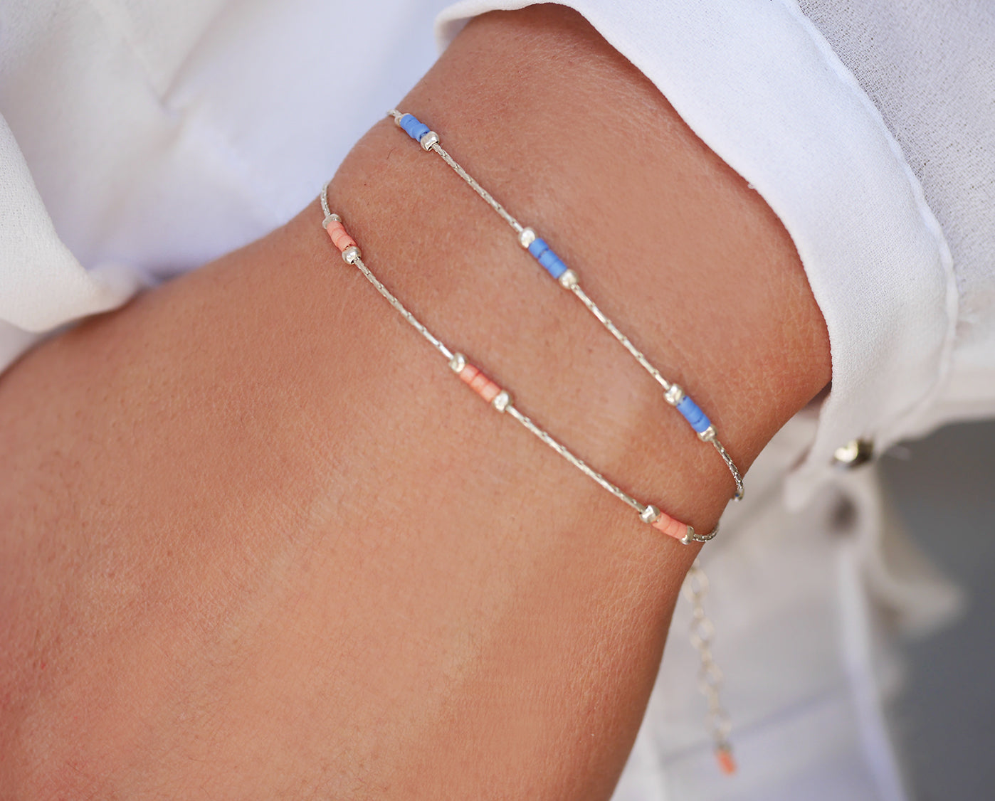 Lot de 2 Bracelets minimaliste - chaine serpent - Perles miyuki bleu et rose pastel - Argent 925