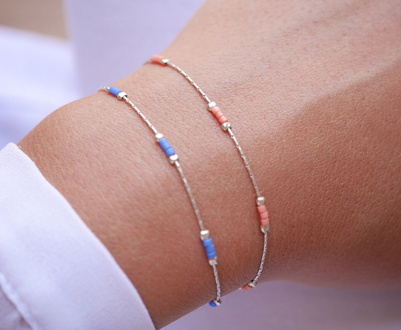 Lot de 2 Bracelets minimaliste - chaine serpent - Perles miyuki bleu et rose pastel - Argent 925