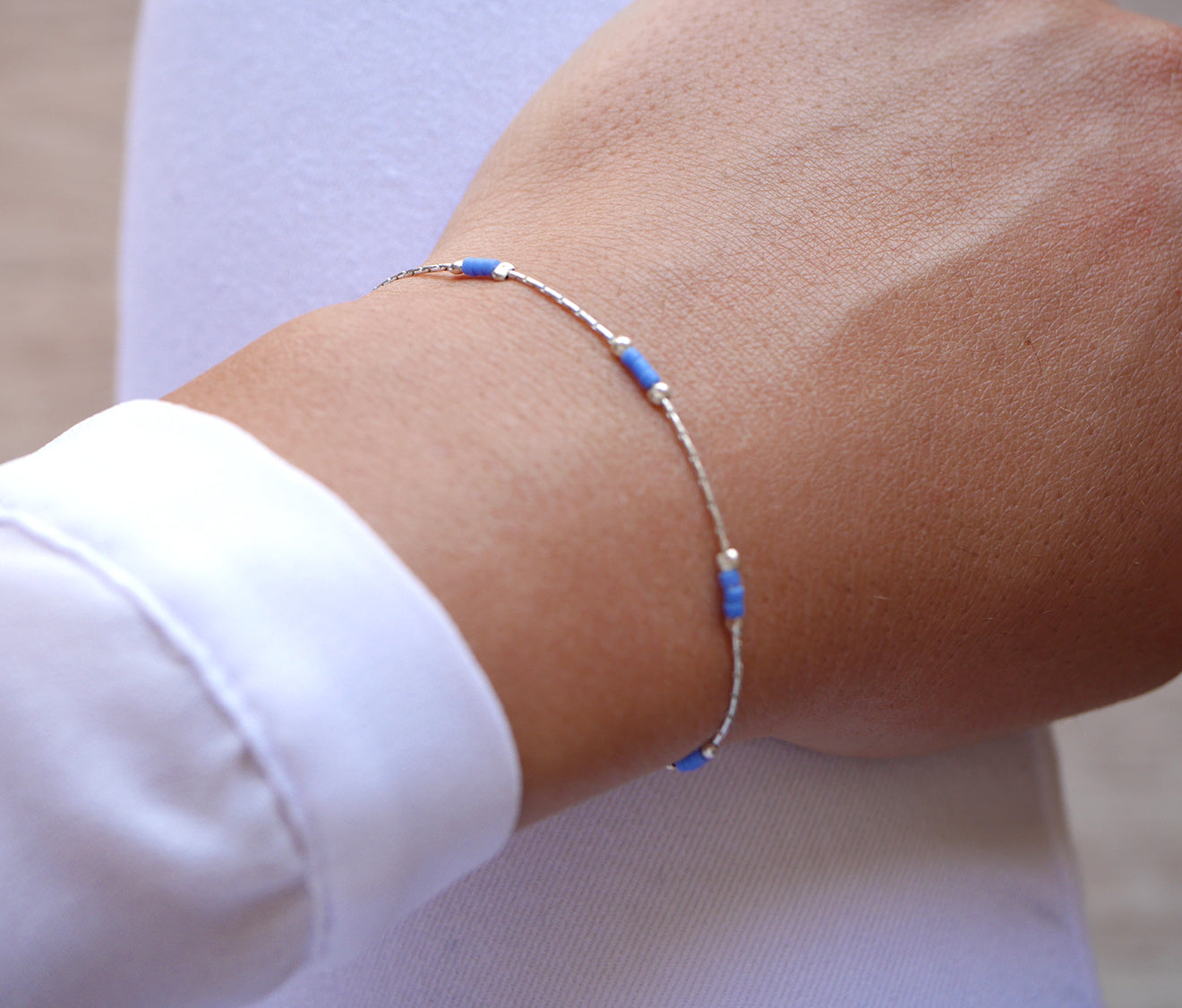 Lot de 2 Bracelets minimaliste - chaine serpent - Perles miyuki bleu et rose pastel - Argent 925