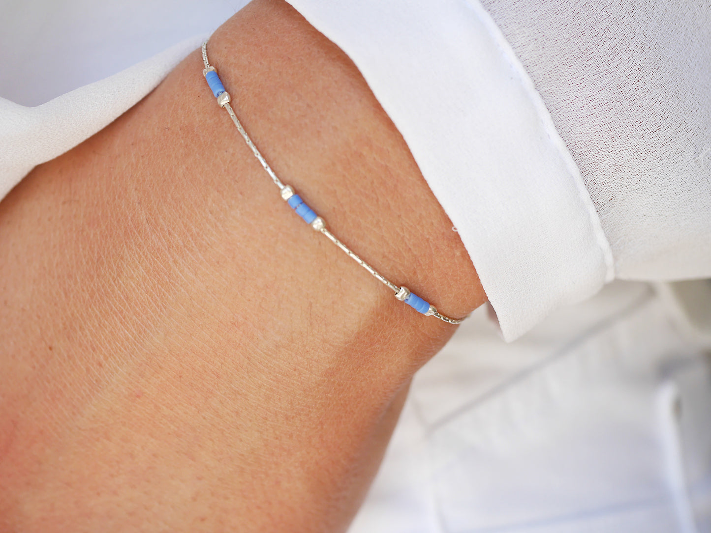 Lot de 2 Bracelets minimaliste - chaine serpent - Perles miyuki bleu et rose pastel - Argent 925