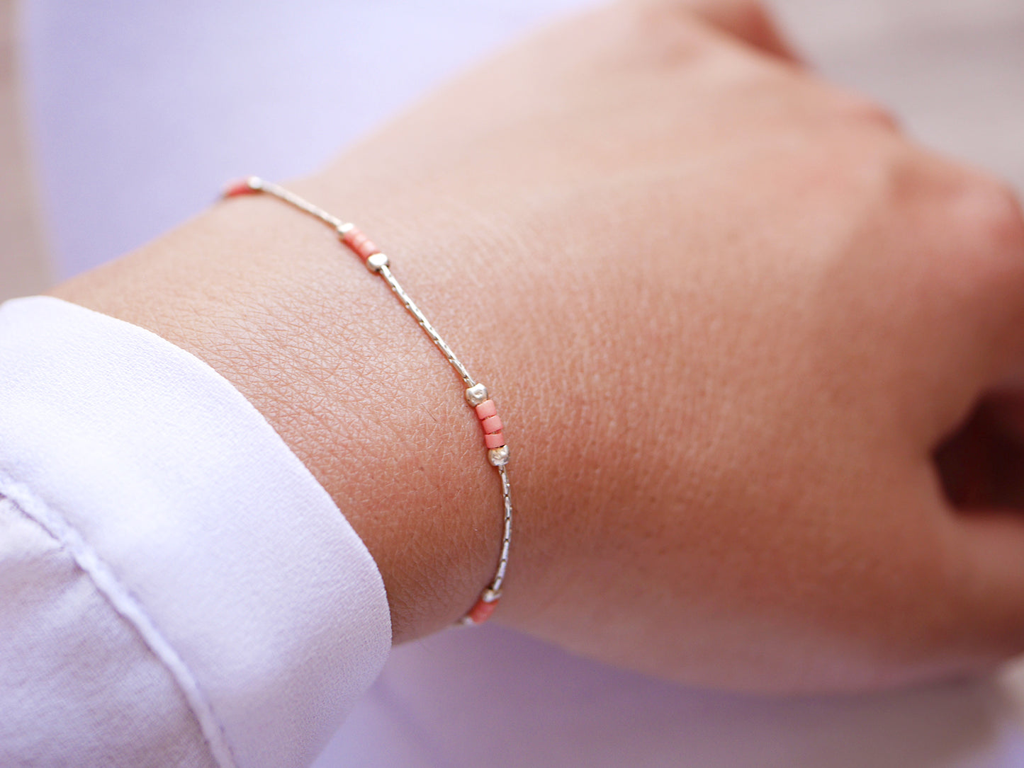 Lot de 2 Bracelets minimaliste - Chaine serpent - Perles miyuki rose fluo et rose pastel - Argent 925