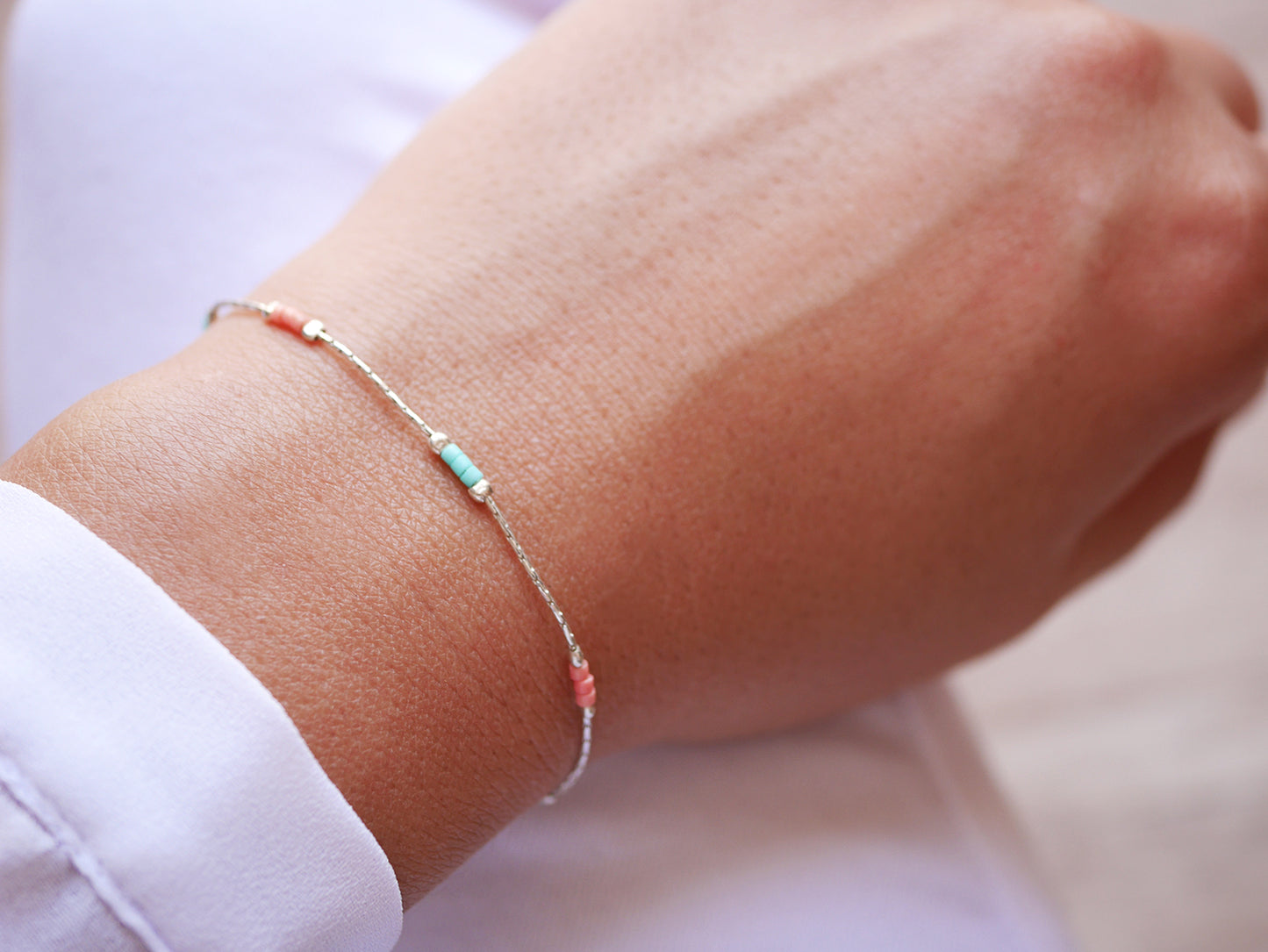 Lot de 2 Bracelets minimaliste - Chaine serpent - Perles miyuki menthe et rose pastel - Argent 925