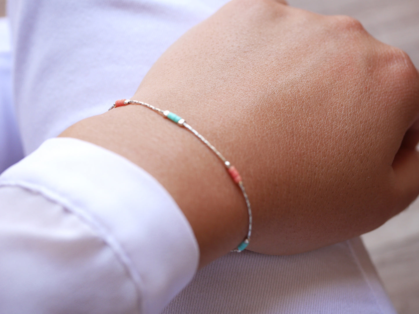 Lot de 2 Bracelets minimaliste - Chaine serpent - Perles miyuki menthe et rose pastel - Argent 925