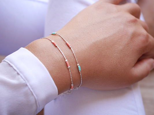 Lot de 2 Bracelets minimaliste - Chaine serpent - Perles miyuki menthe et rose pastel - Argent 925