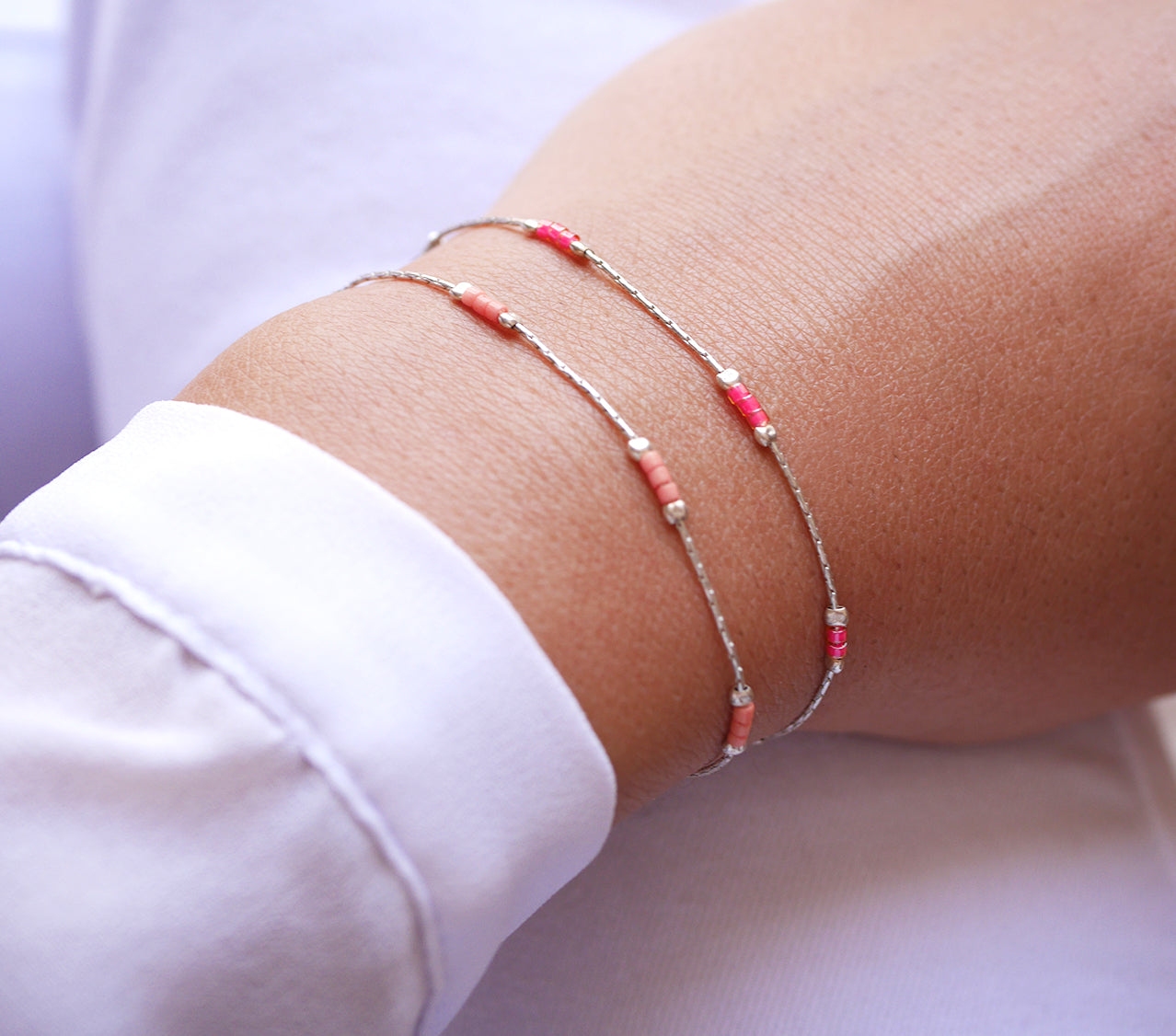 Lot de 2 Bracelets minimaliste - Chaine serpent - Perles miyuki rose fluo et rose pastel - Argent 925