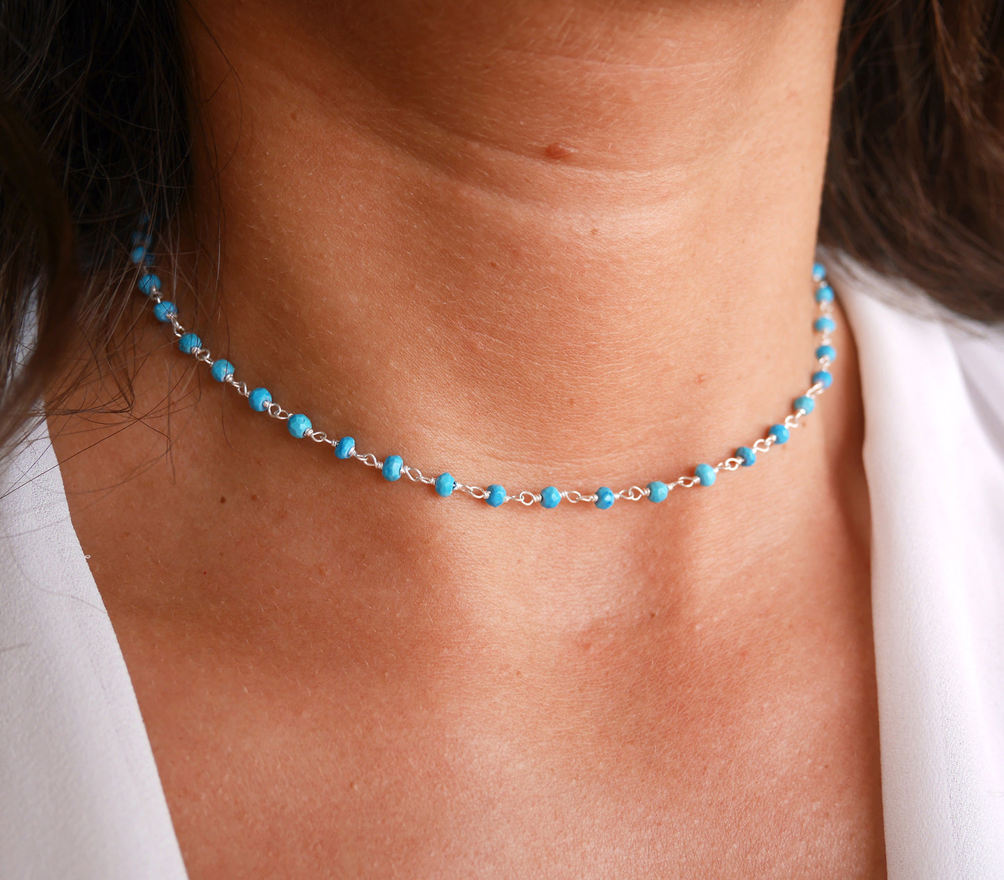 Ras du cou Bohémia - Choker - Perles pierre Turquoise - Chaîne rosaire - Argent 925