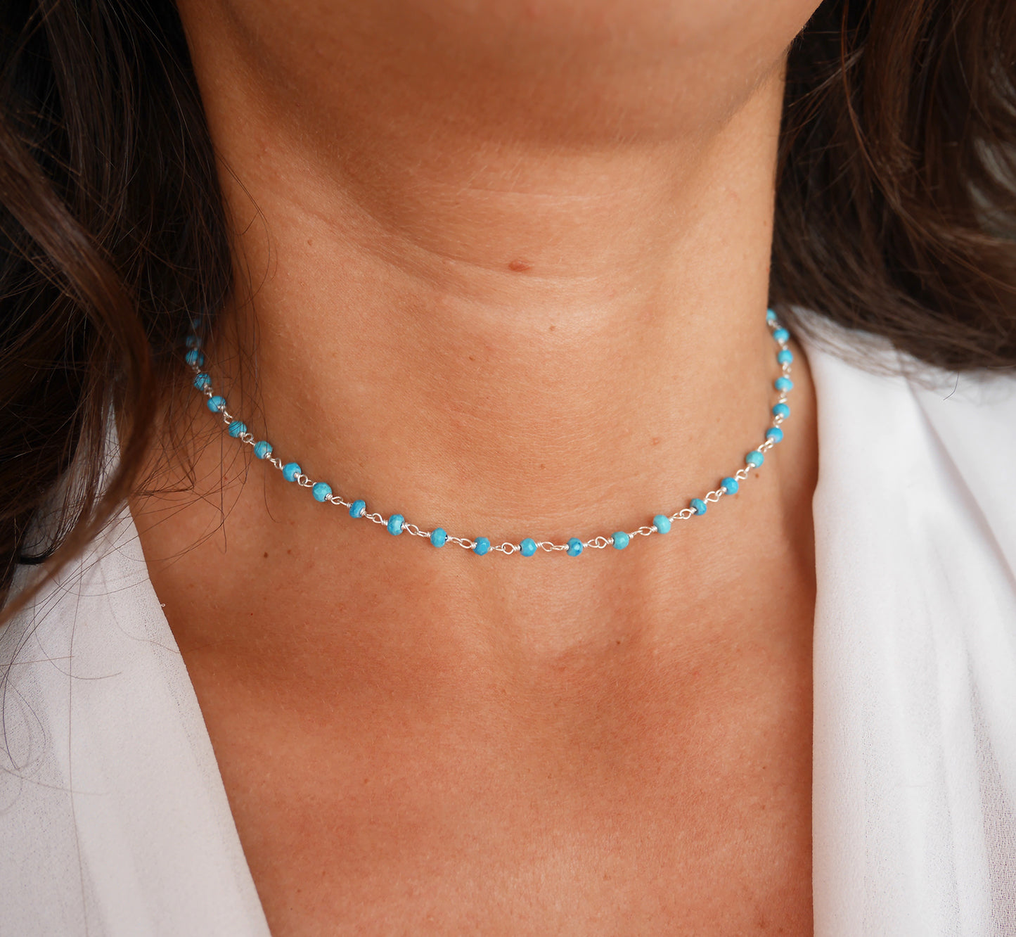 Ras du cou Bohémia - Choker - Perles pierre Turquoise - Chaîne rosaire - Argent 925