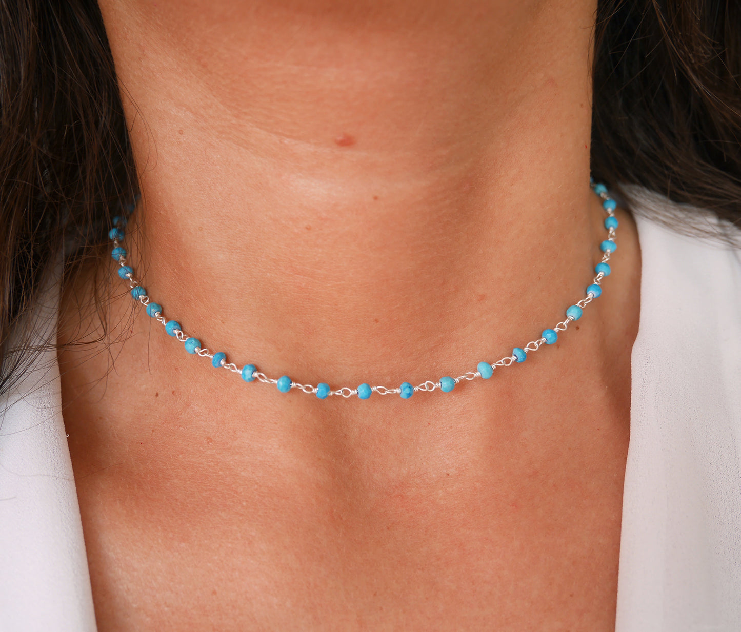 Ras du cou Bohémia - Choker - Perles pierre Turquoise - Chaîne rosaire - Argent 925