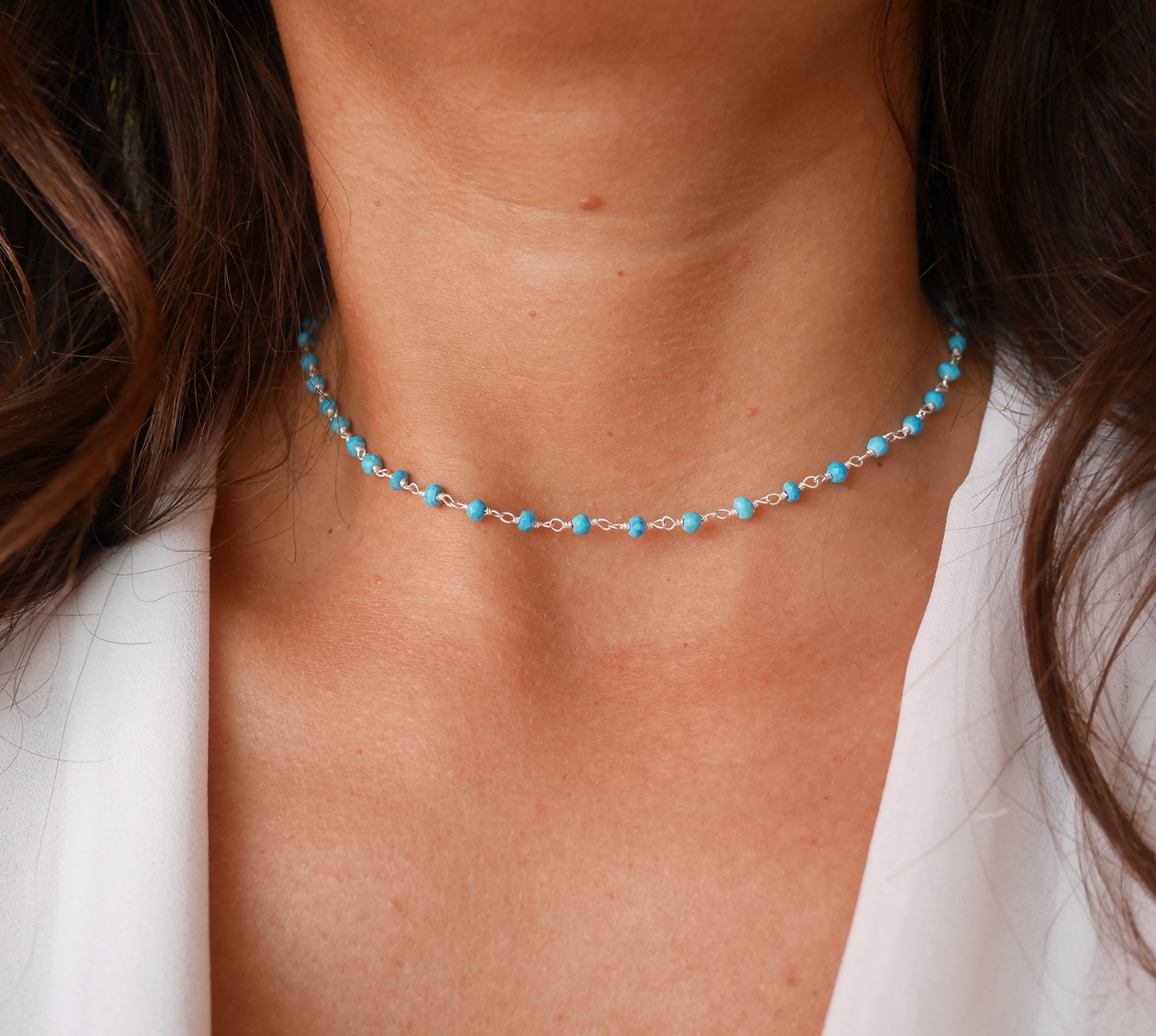 Ras du cou Bohémia - Choker - Perles pierre Turquoise - Chaîne rosaire - Argent 925