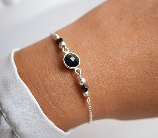 Bracelet hephaistos - Pierre Onyx noir ronde - Perles noir et argent - Argent 925