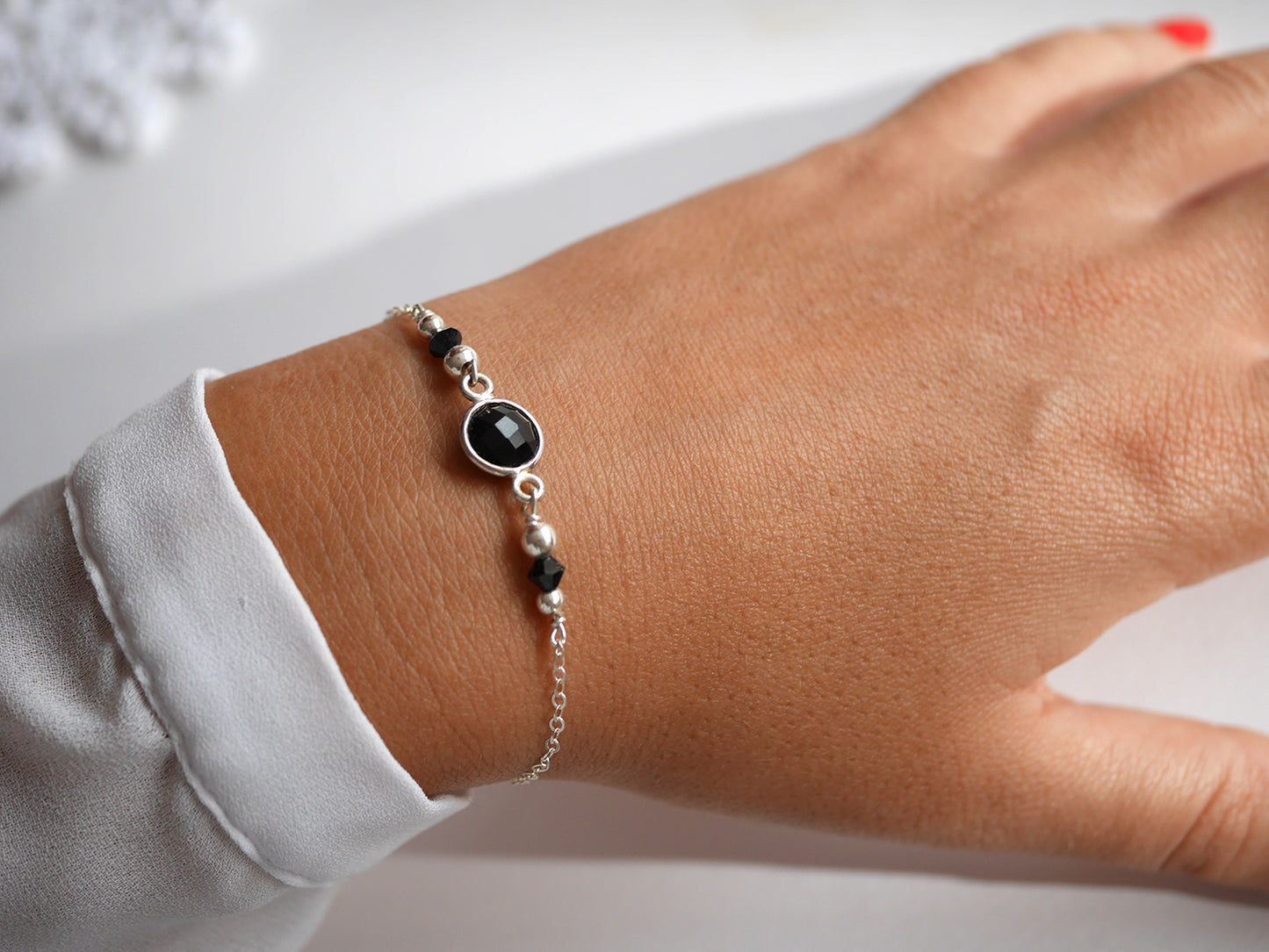 Bracelet hephaistos - Pierre Onyx noir ronde - Perles noir et argent - Argent 925