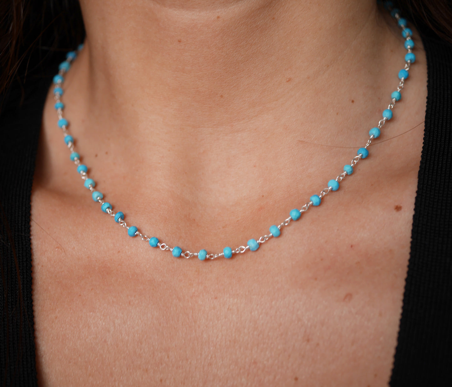 Collier Bohémia Long - Perles pierre Turquoise - Chaîne rosaire - Argent 925