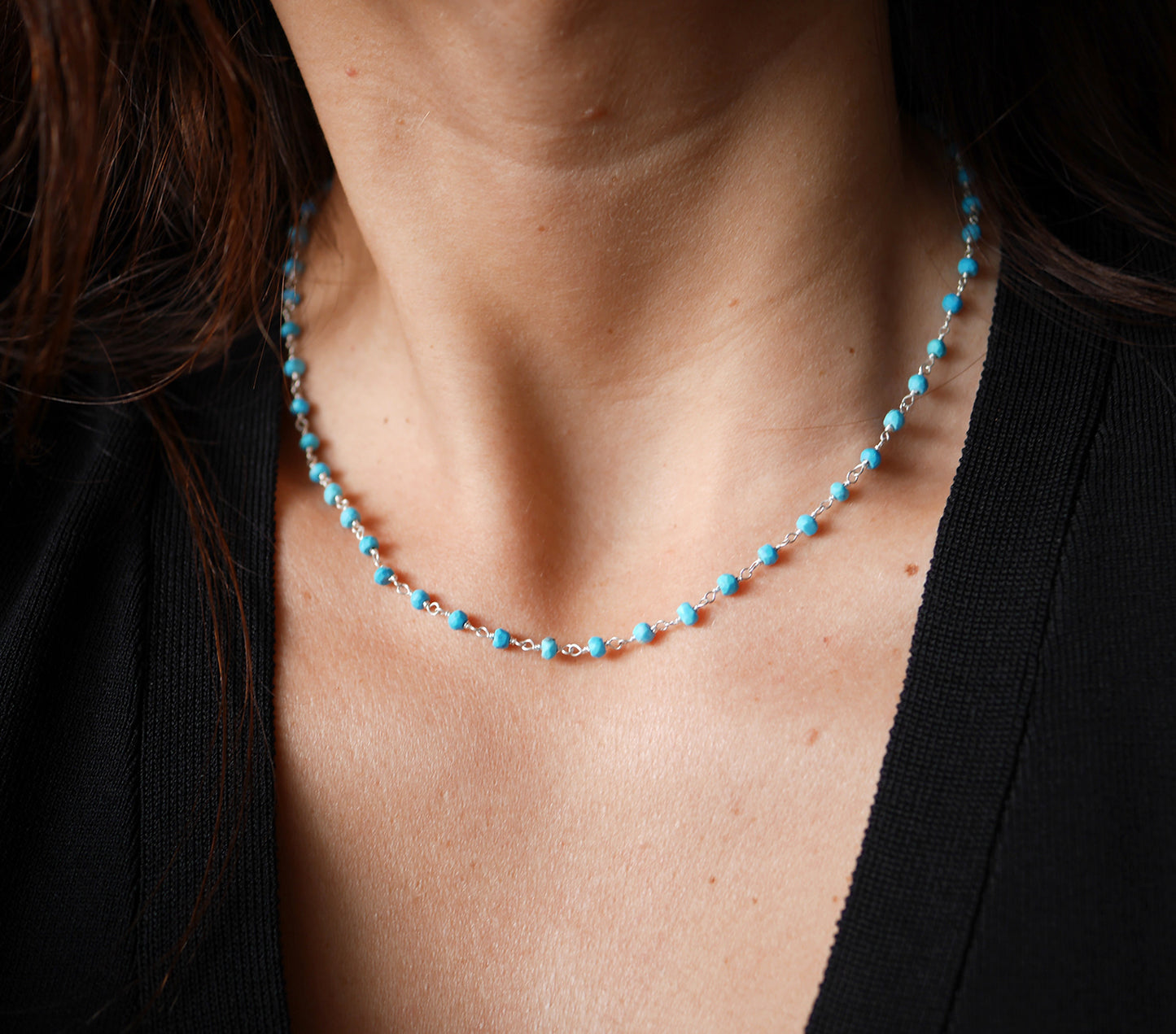 Collier Bohémia Long - Perles pierre Turquoise - Chaîne rosaire - Argent 925