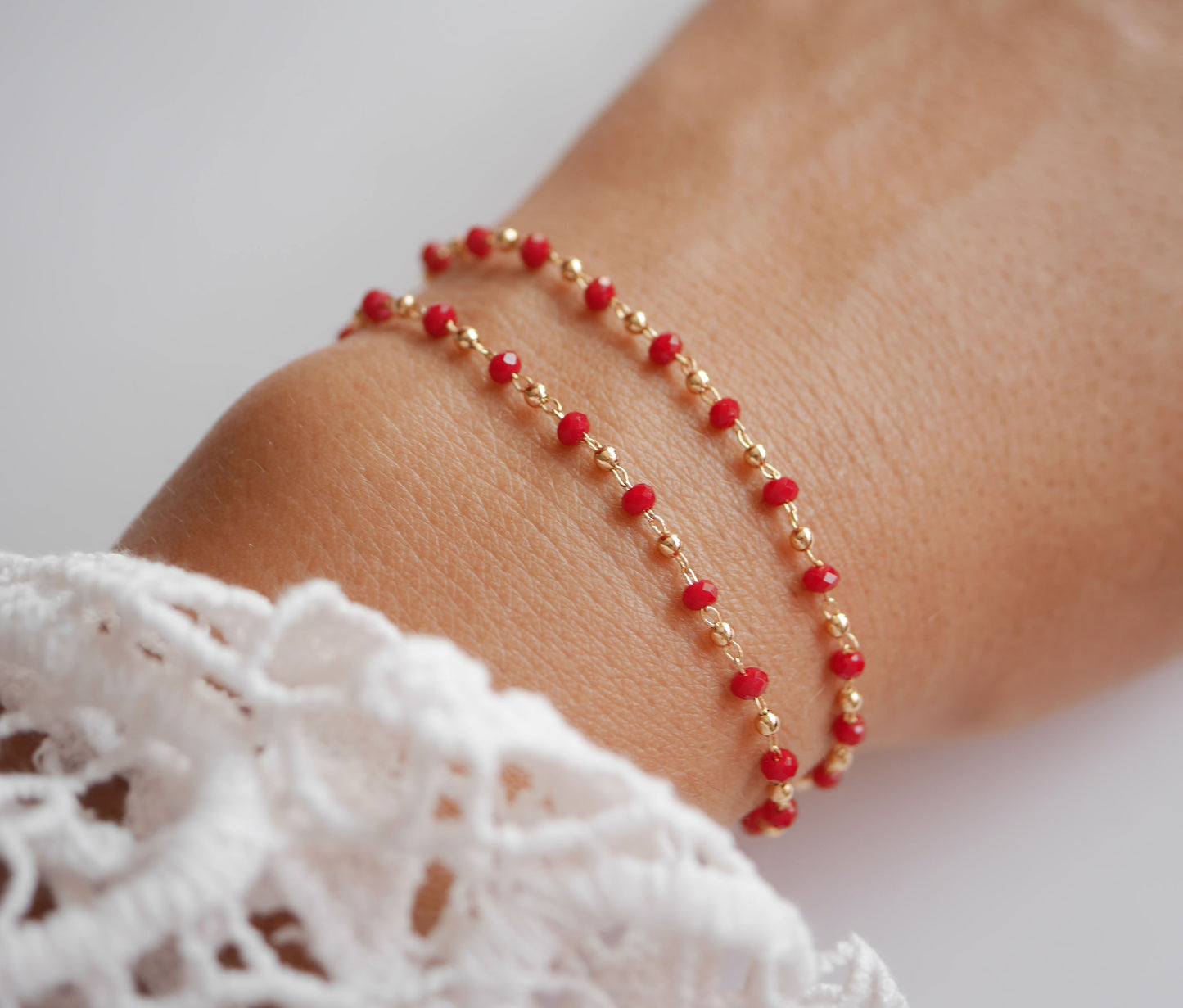 Bracelet Rosa double - Perles rouge et doré - Double tours - Plaqué Or