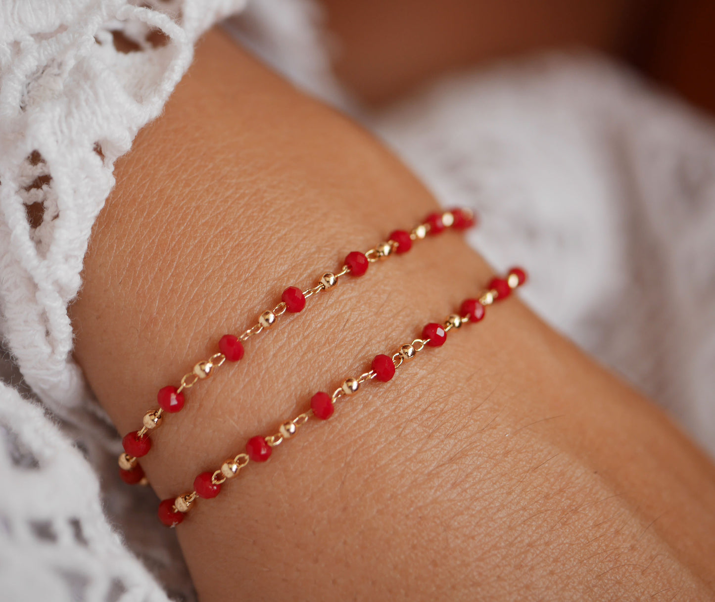 Bracelet Rosa double - Perles rouge et doré - Double tours - Plaqué Or