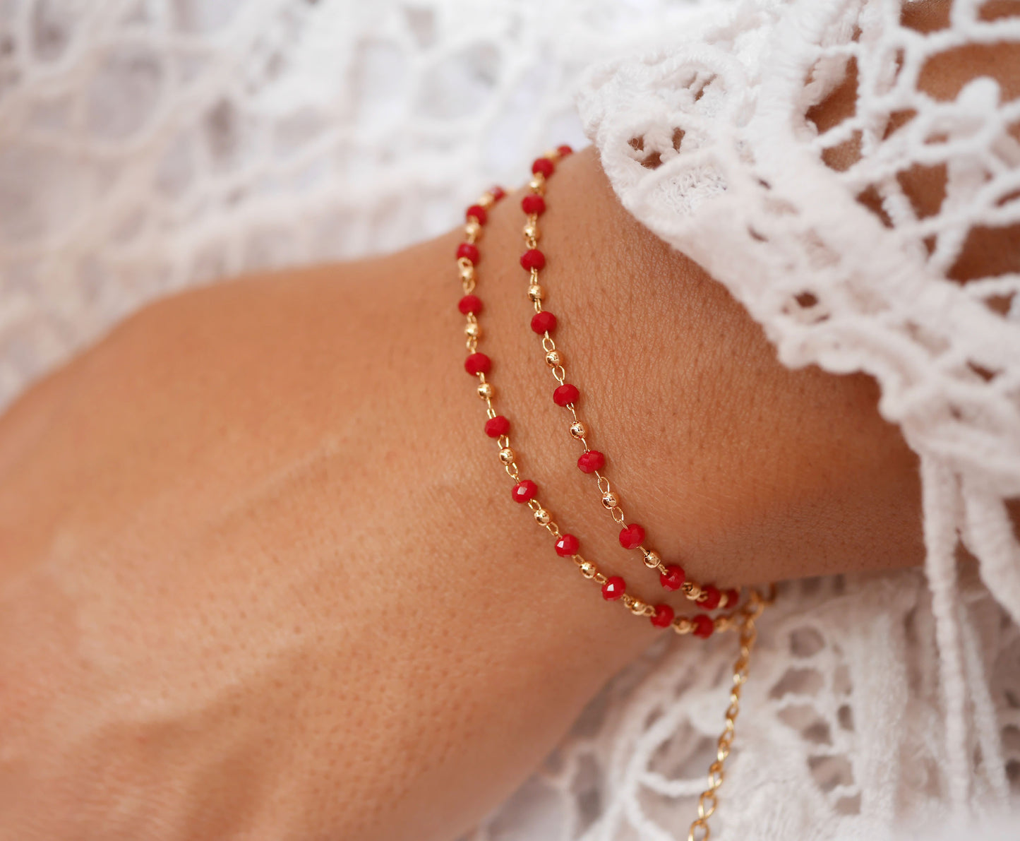 Bracelet Rosa double - Perles rouge et doré - Double tours - Plaqué Or