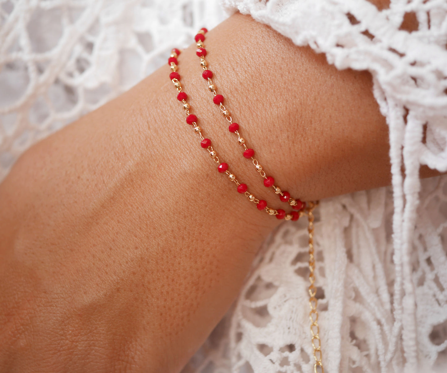 Bracelet Rosa double - Perles rouge et doré - Double tours - Plaqué Or