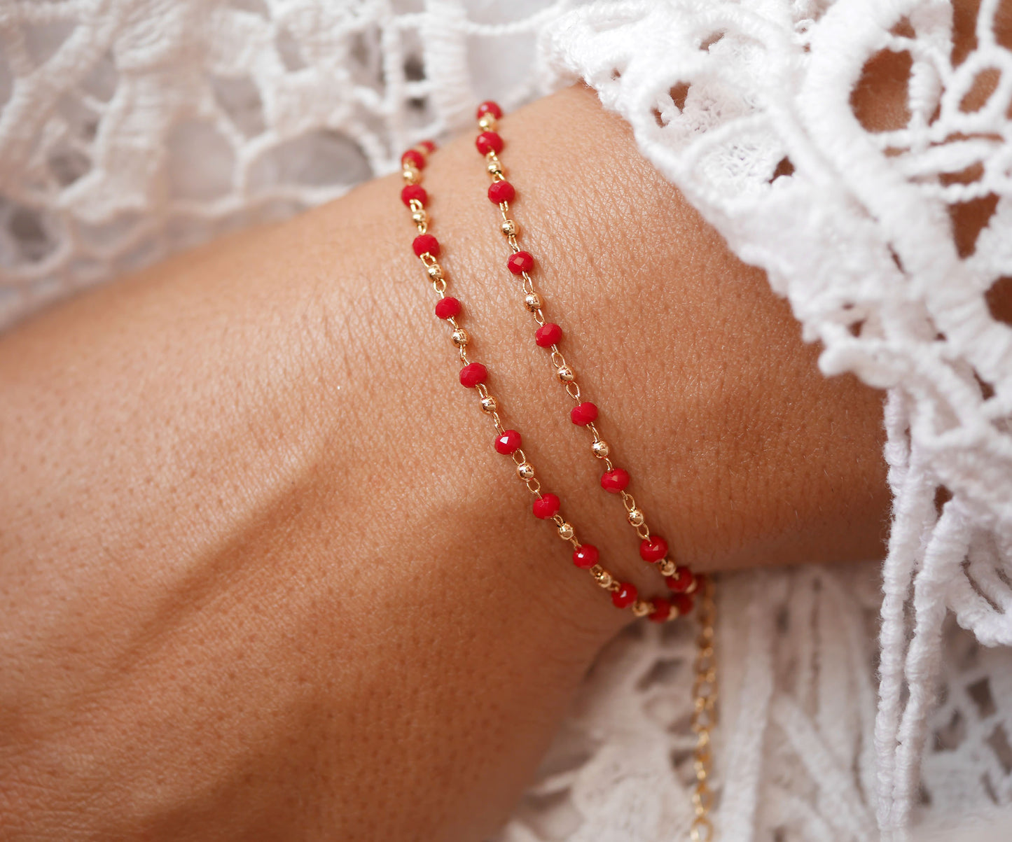 Bracelet Rosa double - Perles rouge et doré - Double tours - Plaqué Or