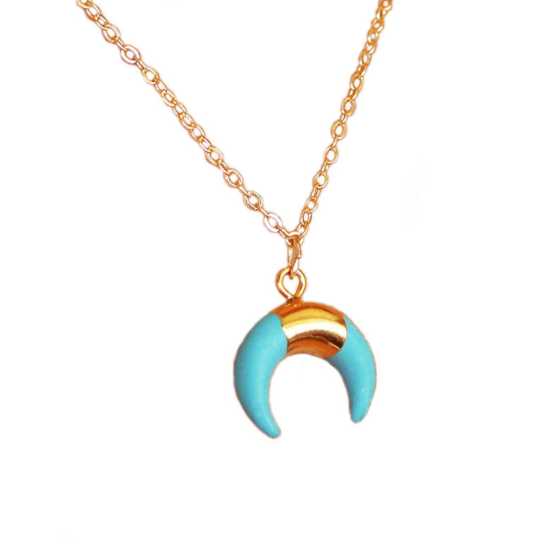 Collier Tiéhonä - Croissant de lune - Bleu Turquoise - Double Corne - Plaqué Or