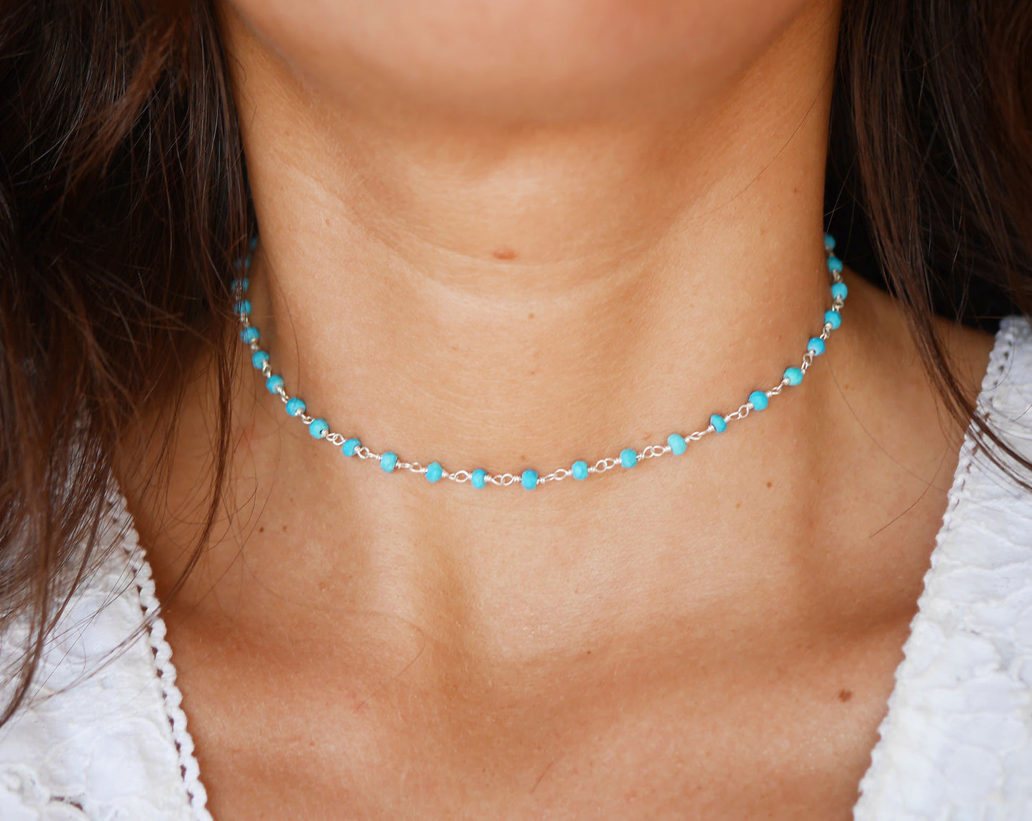 Ras du cou Bohémia - Choker - Perles pierre Turquoise - Chaîne rosaire - Argent 925