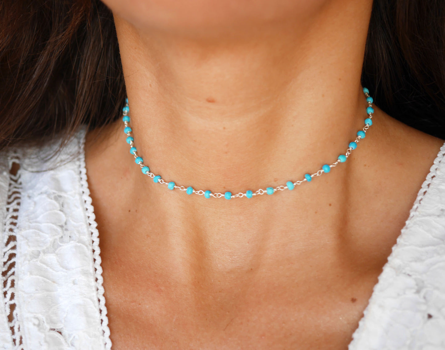 Ras du cou Bohémia - Choker - Perles pierre Turquoise - Chaîne rosaire - Argent 925