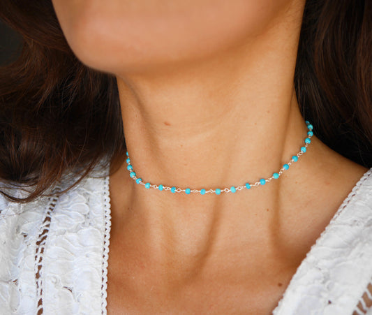 Ras du cou Bohémia - Choker - Perles pierre Turquoise - Chaîne rosaire - Argent 925