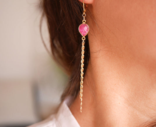 Boucles d'oreilles Ortensia - Goutte - Pierre Rubis Rose Fushia - Plaqué Or