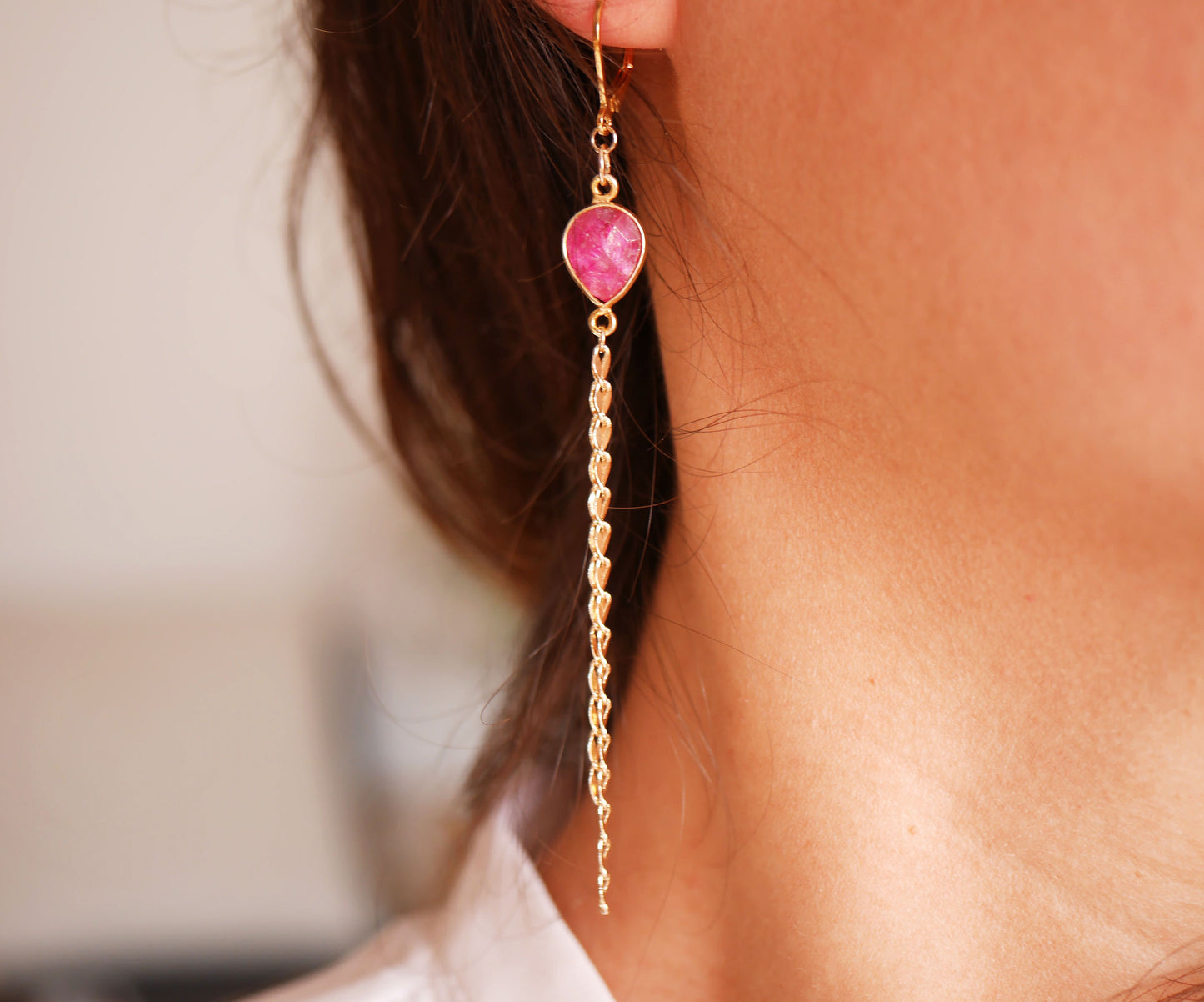 Boucles d'oreilles Ortensia - Goutte - Pierre Rubis Rose Fushia - Plaqué Or