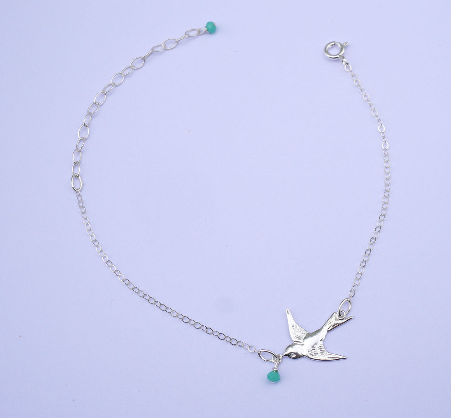 Bracelet Swallow - Oiseau Hirondelle - Perle de verre menthe - Argent 925