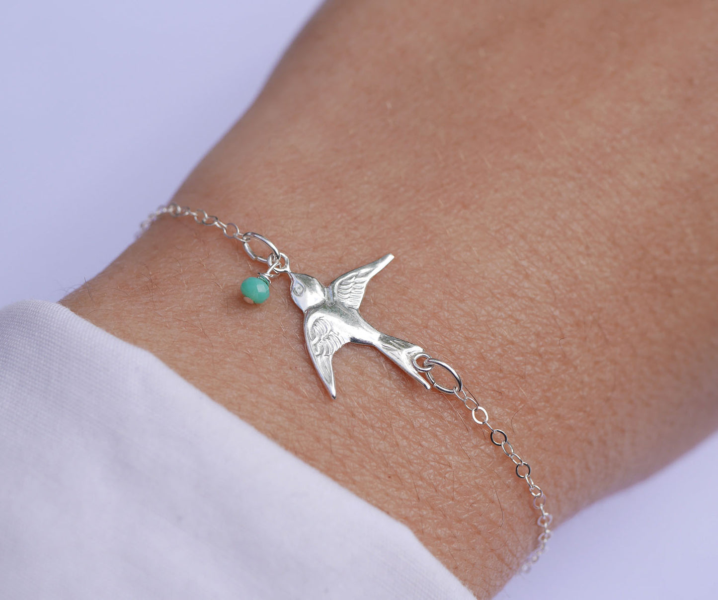 Bracelet Swallow - Oiseau Hirondelle - Perle de verre menthe - Argent 925