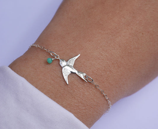 Bracelet Swallow - Oiseau Hirondelle - Perle de verre menthe - Argent 925