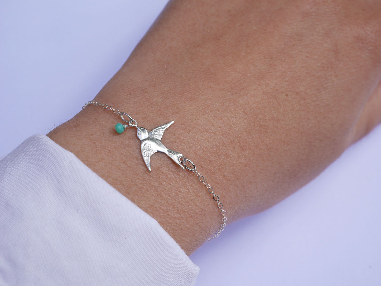 Bracelet Swallow - Oiseau Hirondelle - Perle de verre menthe - Argent 925