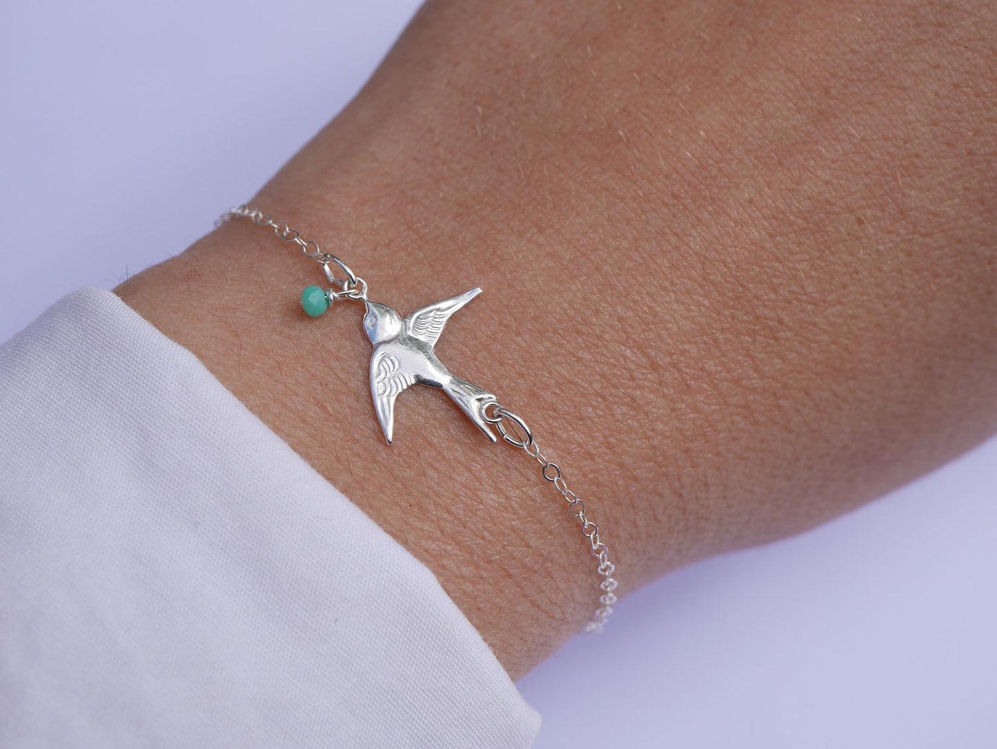 Bracelet Swallow - Oiseau Hirondelle - Perle de verre menthe - Argent 925