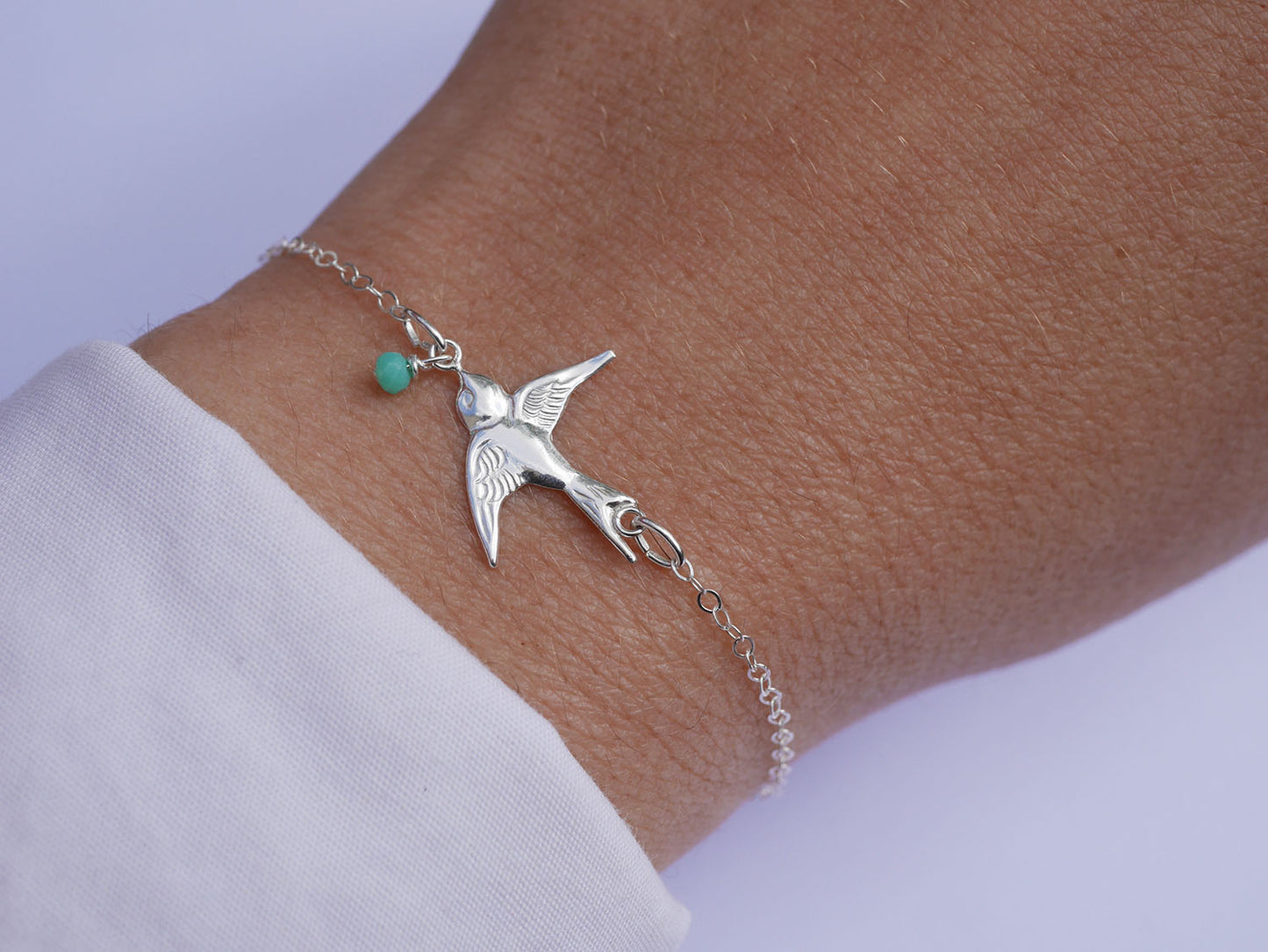 Bracelet Swallow - Oiseau Hirondelle - Perle de verre menthe - Argent 925