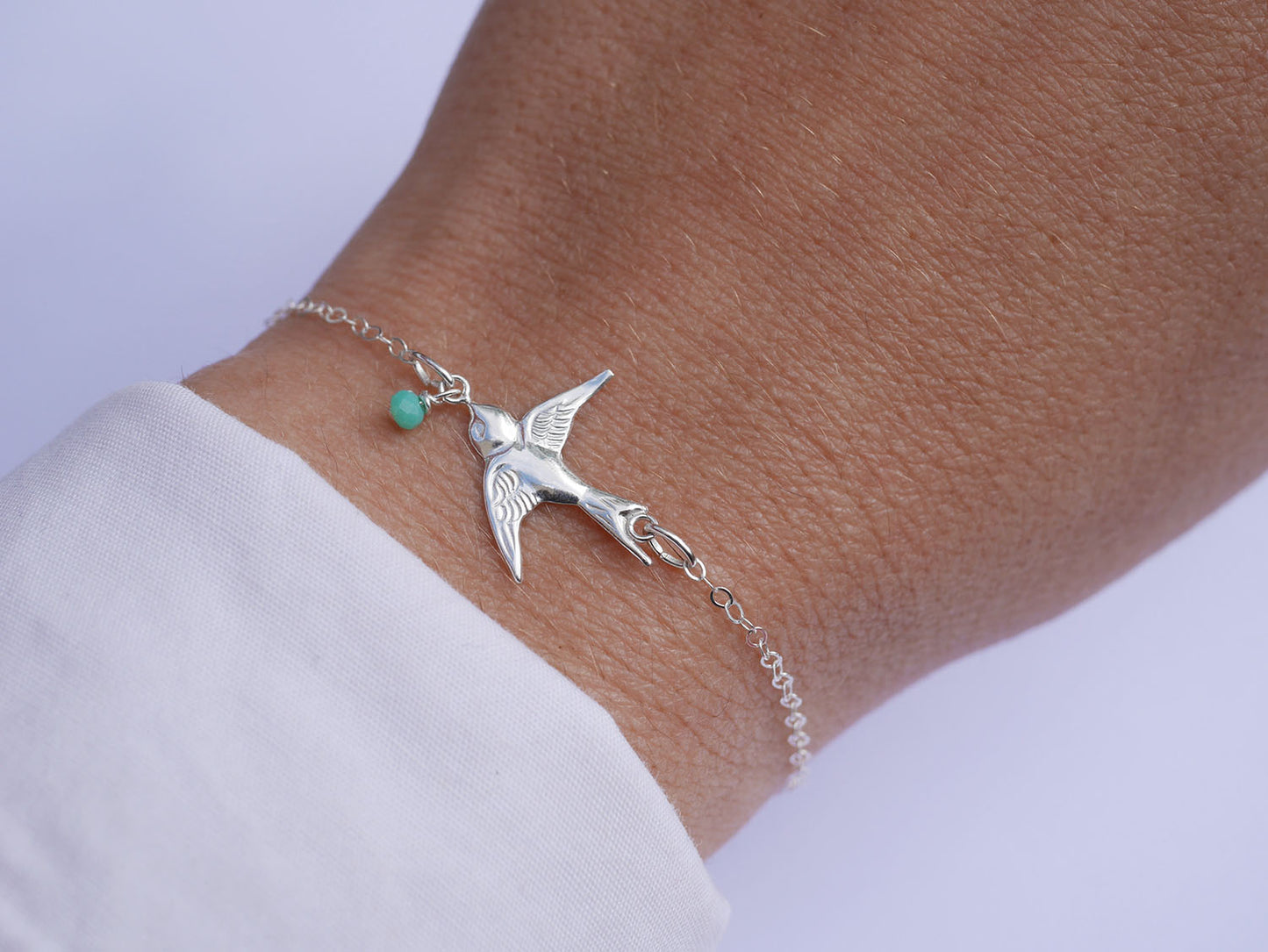 Bracelet Swallow - Oiseau Hirondelle - Perle de verre menthe - Argent 925