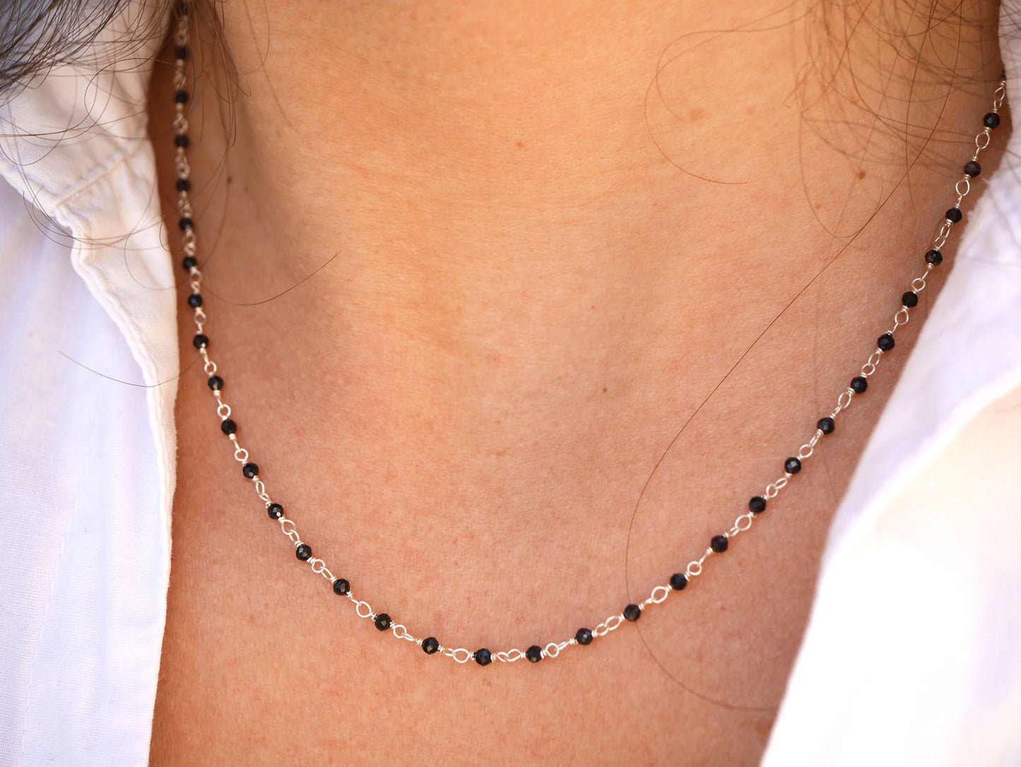 Collier Bohémia long - Perles pierre noir - Chaîne rosaire - Argent 925