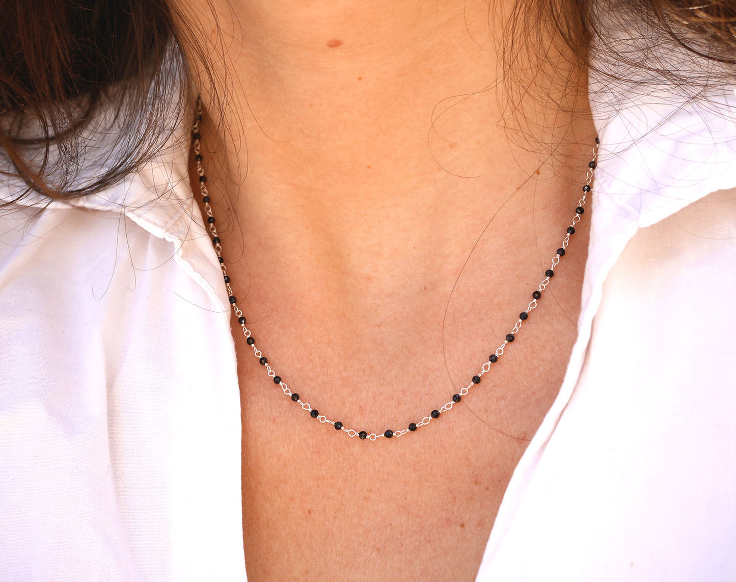 Collier Bohémia long - Perles pierre noir - Chaîne rosaire - Argent 925