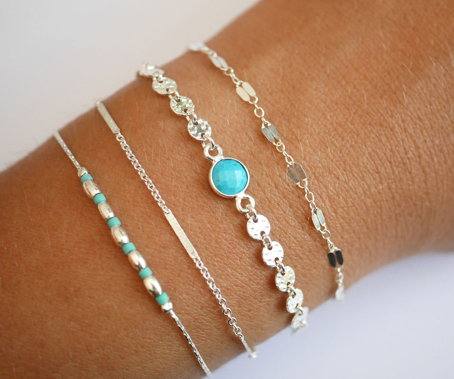 Lot de 4 bracelets - Pierre Turquoise - Bracelets fins empilables - chaîne cercles et barre - Argent 925