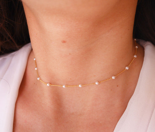 Ras du cou Alba - Choker - Collier court - Perles d'eau douce blanches - Plaqué Or