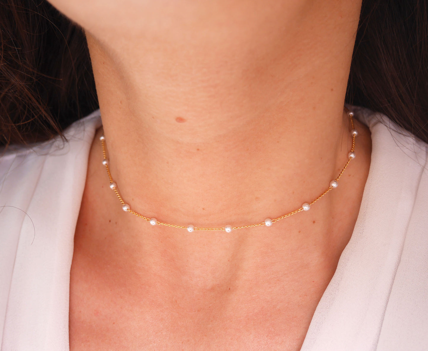 Ras du cou Alba - Choker - Collier court - Perles d'eau douce blanches - Plaqué Or