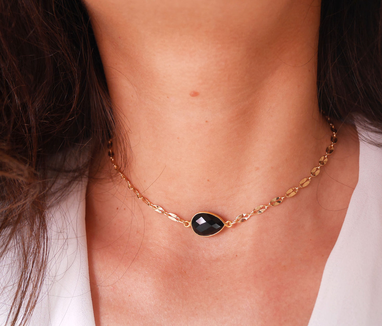 Ras du cou Athena - Chocker - Goutte - Pierre Onyx Noir - Plaqué Or