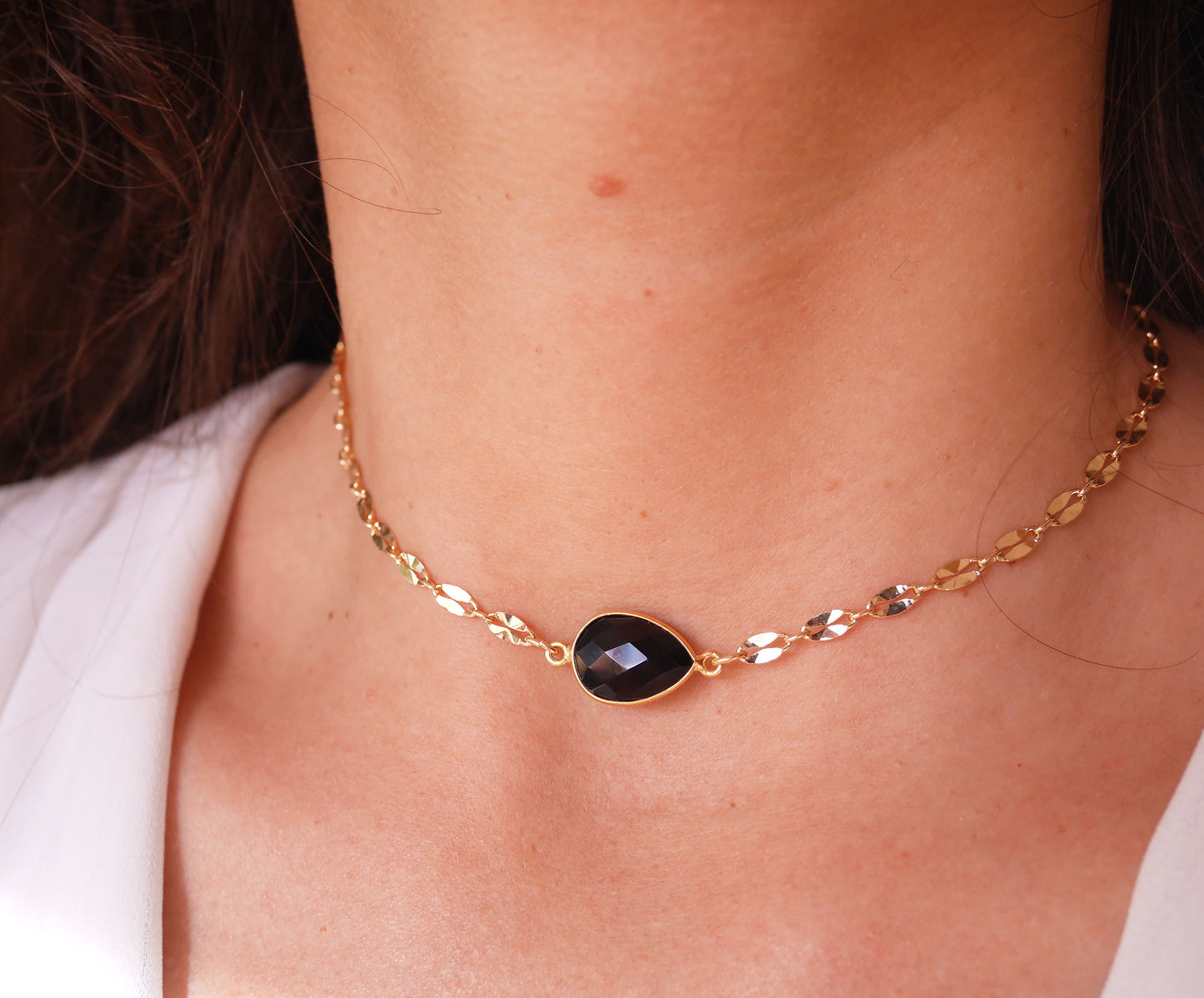 Ras du cou Athena - Chocker - Goutte - Pierre Onyx Noir - Plaqué Or